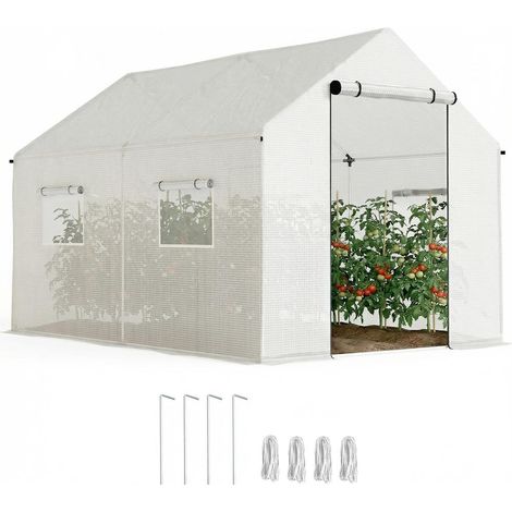 Serre Tunnel de Jardin 6m² 2x3m Bâche PE Haute Densité Porte Enroulable et 4 Fenêtres Acier Galvanisé Blanc (1/5)