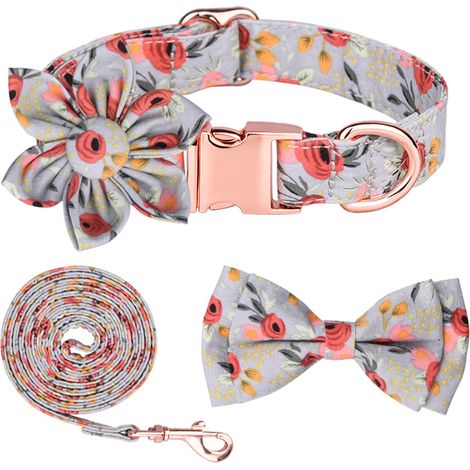 Ensemble collier et laisse pour chien avec nœuds papillon, en coton à motif floral ajustable, vert, taille S.