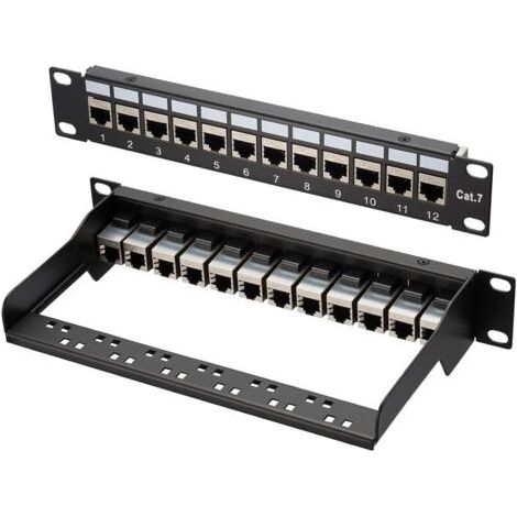 Catherine – Panneau de brassage Cat 7 1U 12 ports – Connecteurs Keystone RJ45 blindés – Débit jusqu'à 10 Gbit/s – Compatible câbles Cat 7/6A/6/5e