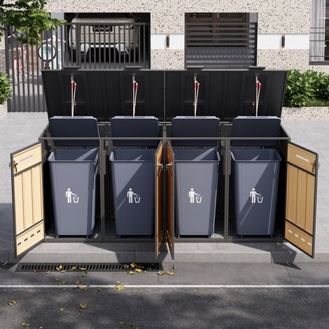 Coffre à déchets pour quatre bacs (120-240 L), aéré, verrouillable, avec compartiments de rangement et double porte. (1/5)