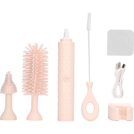 Brosse de nettoyage pour biberons IP65 étanche, électrique, 2 vitesses, poils en silicone rotatifs, ensemble de brosses pour pailles en silicone rose (1/5)