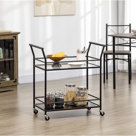 Carro de cocina 75/40/80 cm negro con 2 baldas de vidrio y ruedas, práctico y versátil (1/5)