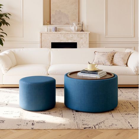 Set di 2 pouf contenitori impilabili 58x58x38 cm blu in lino con vassoio rimovibile MEUBLIV (1/5)