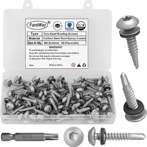 60 Pièces Torx Vis Autoforeuse Metal, M5,5x32mm Vis à Tôle Autotaraudeses de Toiture et Autoperforante Acier Carbone Torx Tête Ronde Avec Rondelles EPDM pour Alu Bois Tôle Plastique.Avec 1 TX30. (1/5)