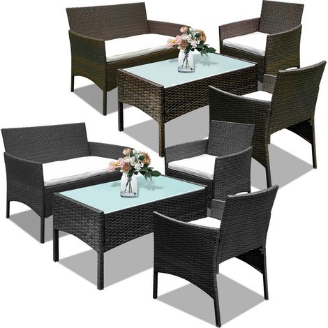 Jopassy Set di mobili da giardino in resina intrecciata nera - 4 posti - Divano + Poltrona + Tavolo + Cuscini di seduta (1/5)