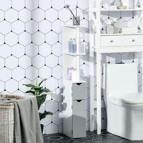 Mueble de baño que ahorra espacio con 2 estantes y 2 armarios, columna de madera para baño o salón, 15,2 x 29,8 x 118 cm, blanco y gris.