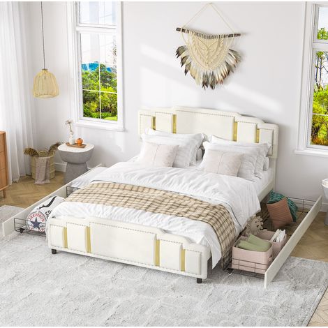 Cama con cajones 160x200 cm beige en terciopelo con iluminación LED y detalles de acero inoxidable (1/5)