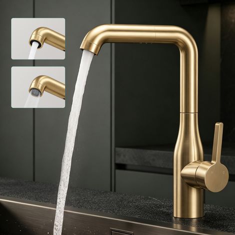 Mai & Mai Rubinetto per Cucina, 2 Modalità con Doccetta Estraibile, Rubinetto Lavello Cucina in Acciaio Inossidabile 304 con Cartuccia Ceramica, Tubi e Accesorri, Oro Spazzolato, Turnix-04 (1/5)