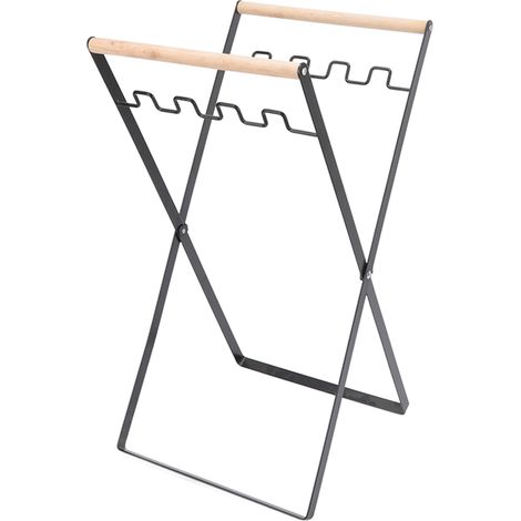 Support de sac poubelle pliable et portable, avec poignée en bois et caoutchouc, support en fer, aspect plat, pour une utilisation intérieure et extérieure, noir. (1/5)