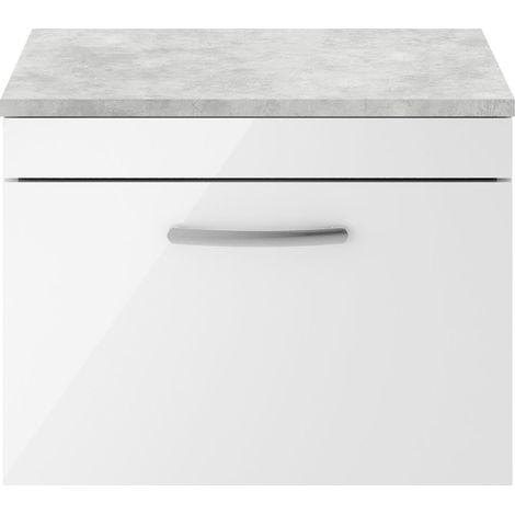 Nuie Athena Wall Hung 1-Drawer Vanity Unit with Grey Worktop 600mm Wide - Gloss White (1/5)