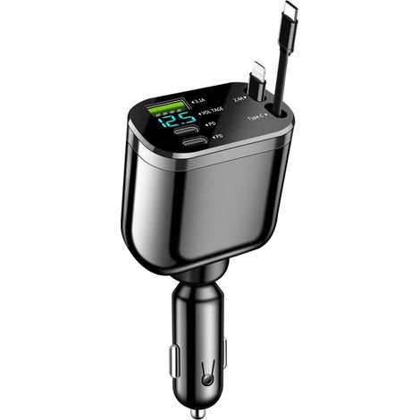 82-W-5-in-1-Autoladegerät mit einziehbarem USB-C-Kabel, Schnellladefunktion, geeignet für iPhone 16 Pro Max/16 Pro/16, universelles Autozubehör, kompatibel mit Samsung, Tablets, GPS-Geräten, ideal für (1/5)