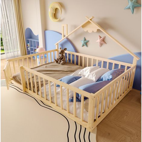 Hausbett 140x190 cm, mit Geländer und Schloss, aus Kiefernholz und MDF, Natur (1/5)