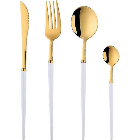 4-teiliges Weißgold-Besteckset mit Edelstahlbesteck, bestehend aus Messer, Gabel und Teelöffel, mit elegantem Design und hochglanzpolierter Oberfläche. (1/5)
