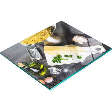 Tabla de cocina de vidrio templado con estampado de pasta y ajo, 60x52 cm. (1/5)