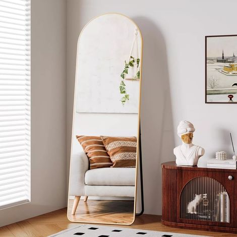 Specchio a figura intera, 162x53 cm, grande specchio da parete HD con cornice in metallo, supporto, gancio per camera da letto, soggiorno - arcuato, oro (1/5)