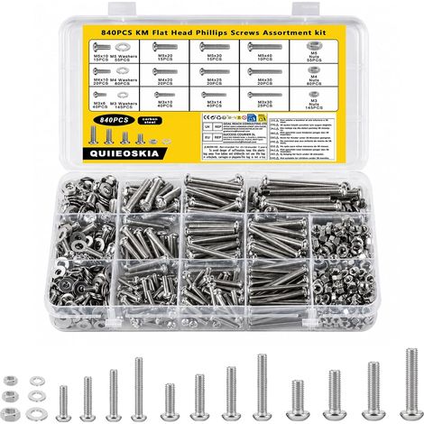 840 Pcs Boulon M3 M4 M5, Vis à Tête Ronde Cruciforme et Écrous (1/5)