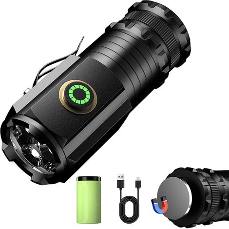 Mini lampe de poche d'extérieur 1000 lumens, 30 W et portée 200 m – Base magnétique et clip – Rechargeable en USB-C (1100 mAh) pour camping, pêche, vélo (version standard) (1/5)