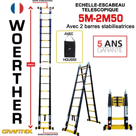 Echelle-escbeau télescopique 5m/2m50 Woerther avec barre stabilisatrice - Charge maximal 150Kg - Garantie 5 ans
