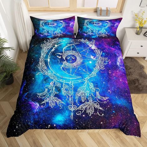 Ensemble de housse de couette Galaxy 220x240cm filles enfants adolescents soleil lune décor de chambre hippie bohème housse de couette mignon Boho univers étoilé ensemble de literie violet bleu - 220x (1/5)