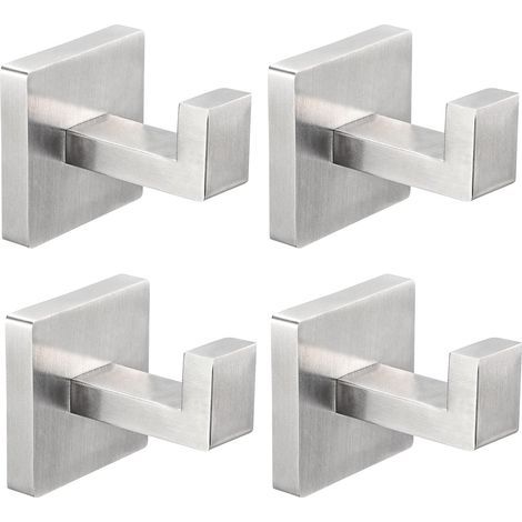 Lot de quatre crochets porte-serviettes, crochets robustes en acier inoxydable (carrés argent brossé) pour les murs de salle de bain, le salon, la chambre, la cuisine et les armoires. (1/5)