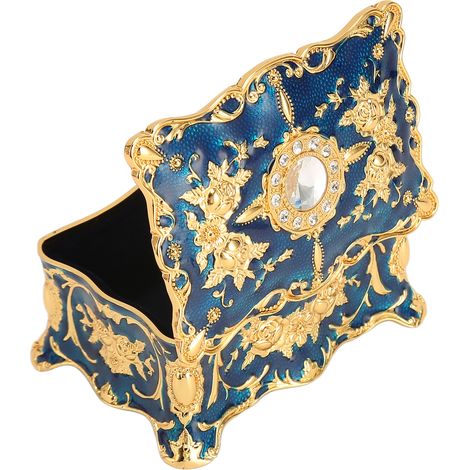 Mini boîte à bijoux européenne vintage, boîte à bijoux ancienne en métal émaillé, boîte de rangement pour bagues, colliers et boucles d'oreilles, or et bleu. (1/5)