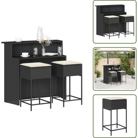 Bar de jardin en résine - vidaXL Ensemble de bar de jardin 3 pcs avec coussins noir poly rotin - Bar de jardin avec coussin (1/5)