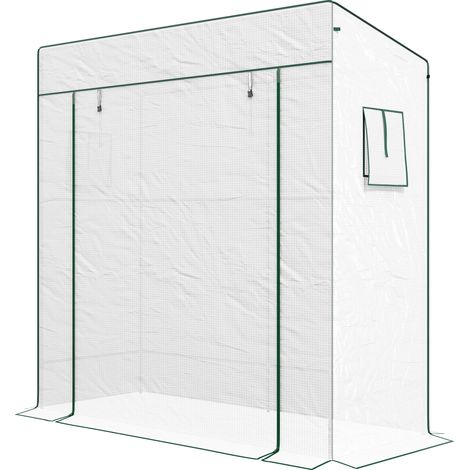 Serre de jardin murale adossée avec 1 porte enroulable, bâche PE renforcée, 2 fenêtres, dim. 196L x 77l x 197/178H cm (1/5)