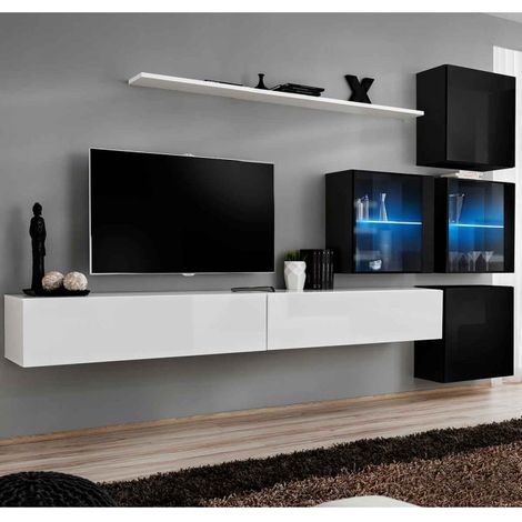 Meuble TV Mural Design "Switch XIX" 310cm Blanc & Noir (1/4)