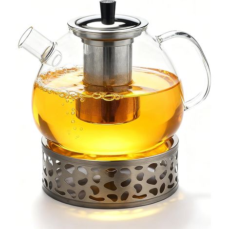 Théière en verre borosilicate 1500 ml avec passoire, réchaud et couvercle, passe au lave-vaisselle, pour thé en vrac, sachets de thé, thé aux fruits, garde au chaud pendant longtemps (1,5 l, passe au (1/5)