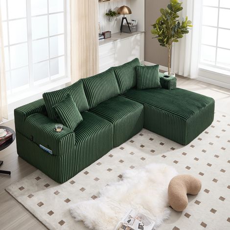 Modulares Sofa 257x160x62 cm smaragdgrün Cord mit Chaiselongue, 5 Kissen, Seitentaschen und Getränkehaltern (1/5)