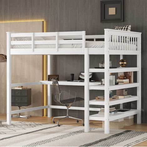 Letto a soppalco minimalista 140x200 cm in pino e MDF bianco, con scrivania e ripiani integrati (1/5)