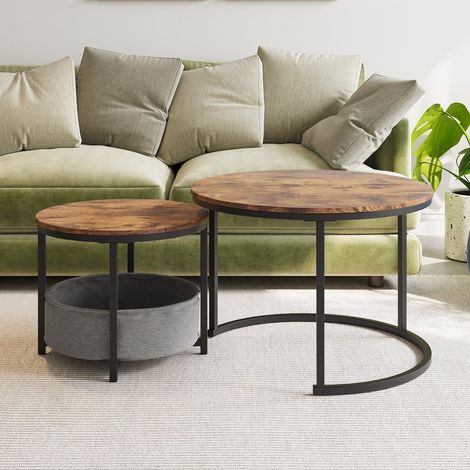 DESMIU Tables basses gigognes rondes avec 2 plateaux et poche de rangement, style industriel, métal, brun antique (1/5)