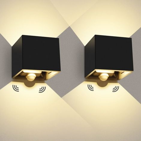 Luminaire mural extérieur LED 12W avec détecteur de mouvement, lot de 2, température de couleur 3000K, éclairage chaleureux pour façade et jardin, projecteur d'applique étanche. (1/4)