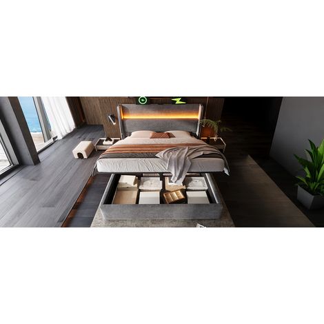 Bett mit Stauraum Leinen Grau 140x200 cm, hydraulisch, mit LED-Beleuchtung, USB/Type-C und Lattenrost (1/5)