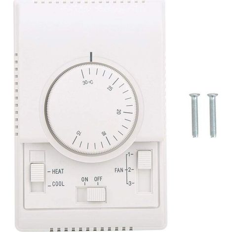 Interrupteur mural de contrôle de la température, contrôleur de température continu AC 220V 10-30 ℃, 2 modes de chauffage/refroidissement Thermostat de vitesse de ventilateur à 3 portes Mécanique (1/4)