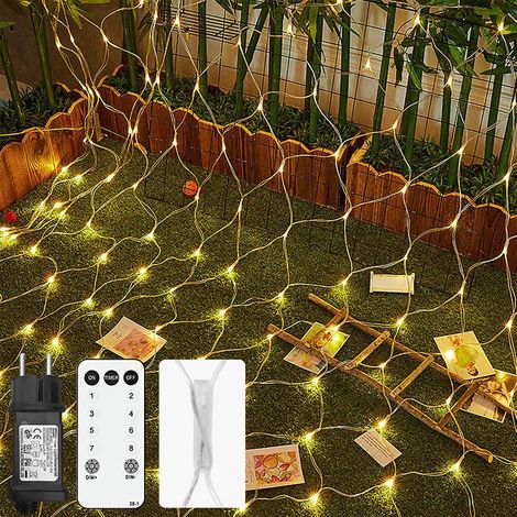 Filet lumineux d'extérieur, 2x2m 144 LED guirlande lumineuse d'extérieur blanc chaud avec prise, filet lumineux d'intérieur étanche avec télécommande et minuterie 8 modes, pour buissons jardin (1/5)