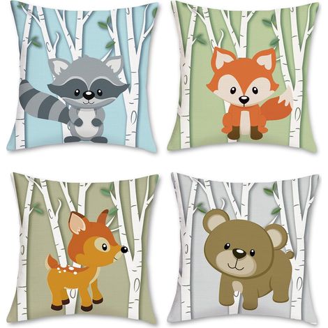 Lot de 4 Housse de Coussin Animaux 45 x 45 cm Jungle et Bouleau Enfants Polyester Lin Décoratif Taie d'oreiller pour Canapé Lits Chaises Voiture Salon Maison Décor (1/5)