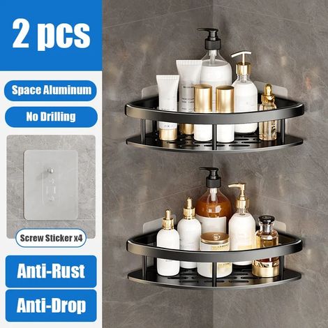 (Lot de 2 - noir) Étagère de rangement triangulaire pour salle de bain, sans perçage - Cadre triangulaire noir en aluminium spatial avec ventouses d'angle (1/5)