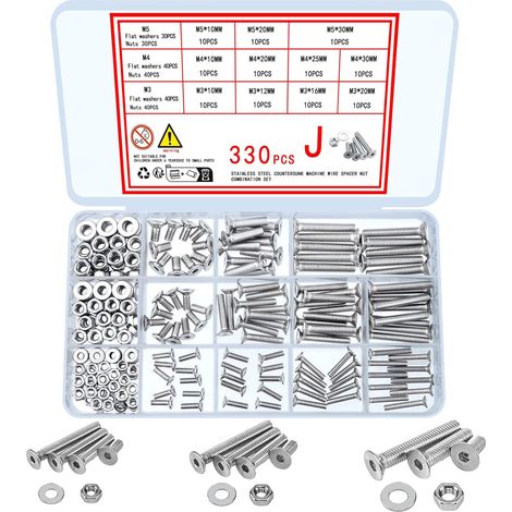 330 Pcs Vis à tête plate à six pans creux et écrous et rondelles Assortiment Set, M3 M4 M5 Vis en acier inoxydable et vis à métaux tête fraisée écrous et rondelles (1/5)