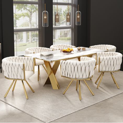 Drehbarer Samt-Esstischstuhl, 6er-Set, Beige und Gold HAVRYA (1/5)