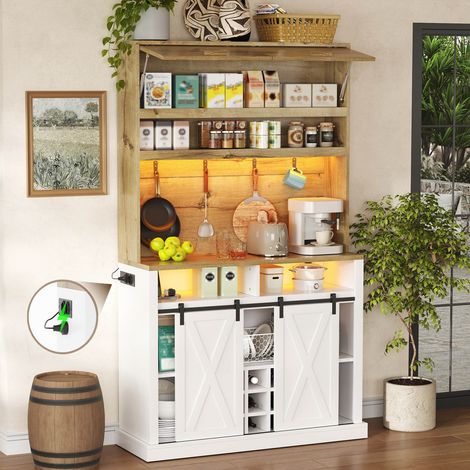 Meuble de cuisine de 191 cm, armoire haute avec éclairage LED, prise électrique, porte à charnières, crochets, casier à vin et vitrine pour cuisine et salle à manger (1/4)