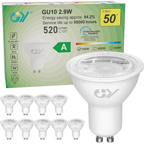 Ampoules LED GU10 Classe A 2.9W Equivalent 50W, 520LM 3000K Blanc Chaud, Angle de Lumière 100°, Ampoule GU10 Led Efficacité Energétique, Non-Dimmable, Lot de 10 (1/5)