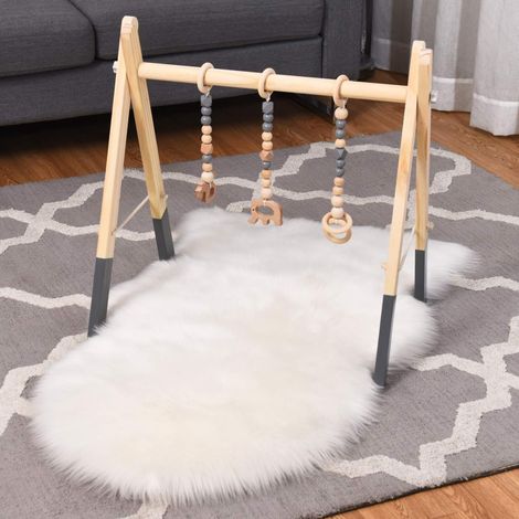 COSTWAY Baby Gym Babyspielgeraet Spieltrapez Spielbogen Holzspielzeug Aktivitaetszentrum mit 3 Kinderspielzeugen zur Gehirnentwicklung & sensorische Stimulation, fuer Babys ueber 3 Monate Grau