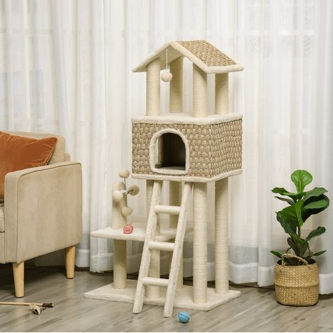 Arbre à chat avec niche, 131 cm, sisal et peluche, beige HAVRYA (1/5)
