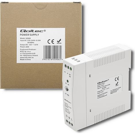 Qoltec DIN-Schienen-Netzteil 20 W 12 V 1,67 A Weiß Schlank (1/5)