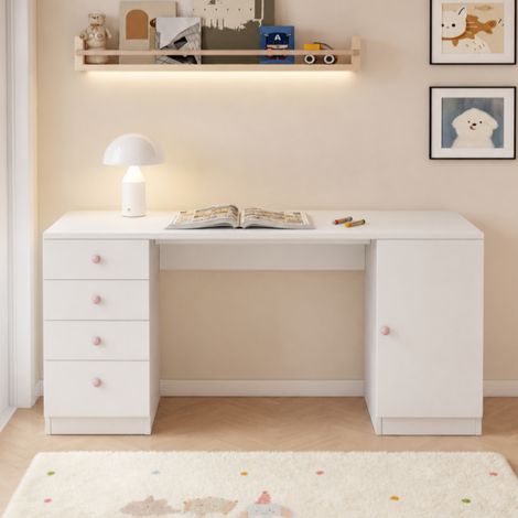 DESMIU Bureau Droit Enfant avec 4 Tiroirs et 1 Placard avec Étagère, Bureau Informatique pour Chambre, Blanc (1/5)
