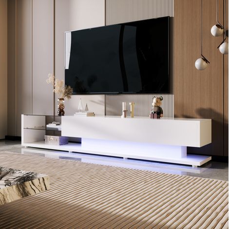 Meuble TV rangement blanc LED 170 cm deux tiroirs verre OKMYHOME (1/5)