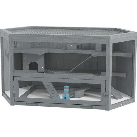 Jaula para roedores de 3 niveles, jaula hexagonal para animales pequeños, casa para animales pequeños de madera, jaula para ratones, jaula para hámster con tapa plegable, ventana de visualización, ram