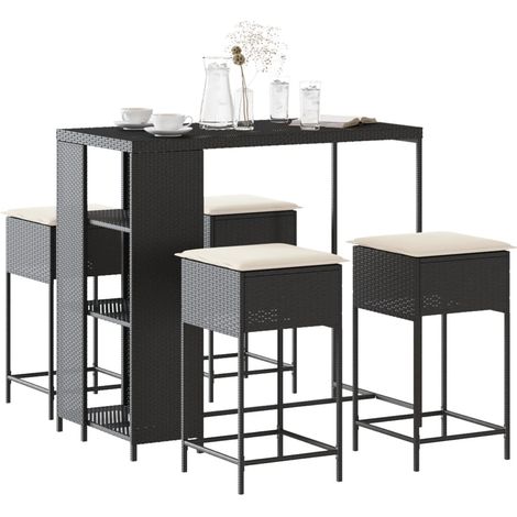 5-tlg. Gartenbar-Set mit Kissen Schwarz Poly Rattan