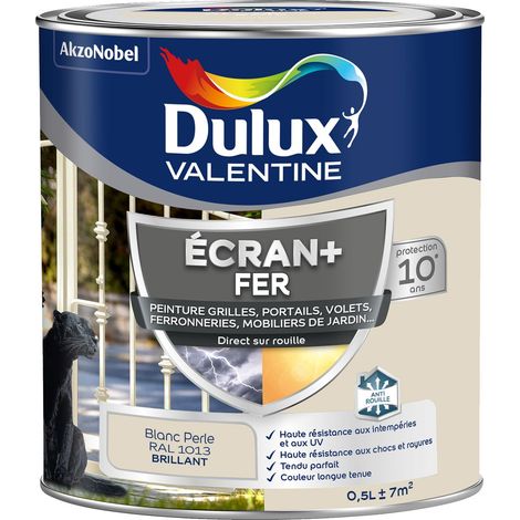 ECRAN+ FER BRILLANT - Peinture pour fer intérieur/extérieur - Grilles, portails, volets, ferroneries, mobiliers de jardin - Blanc Perlé 0,5 L - Dulux Valentine